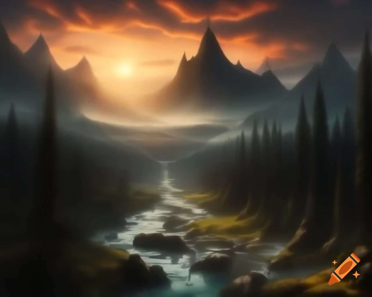 Majestic mountain range towering over winding river