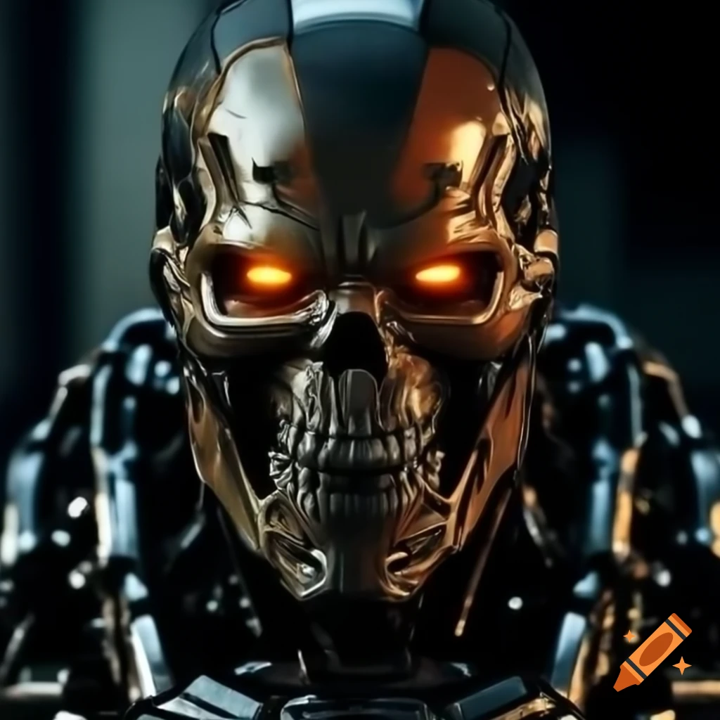 Enhanced Terminator endoskeleton with glowing orange eyes and rugged modified design