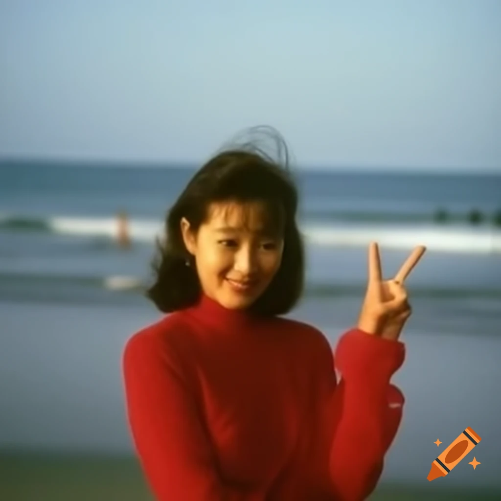 1980s Japanese idol actress in city pop fashion on palm beach giving peace sign