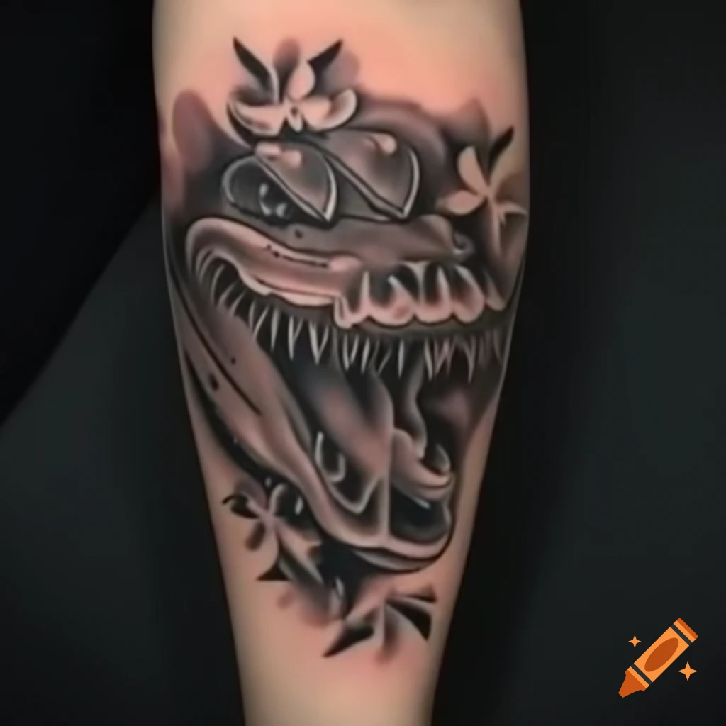 Tattoo design of a Gator head in traditional black and grey, semi-realistic painted style