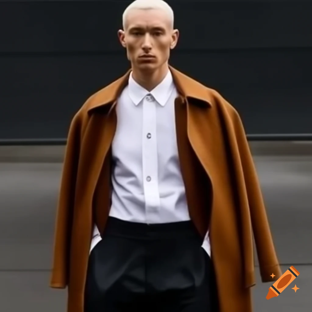 Man in white shirt and black slacks wearing brown coat resembling black flesh