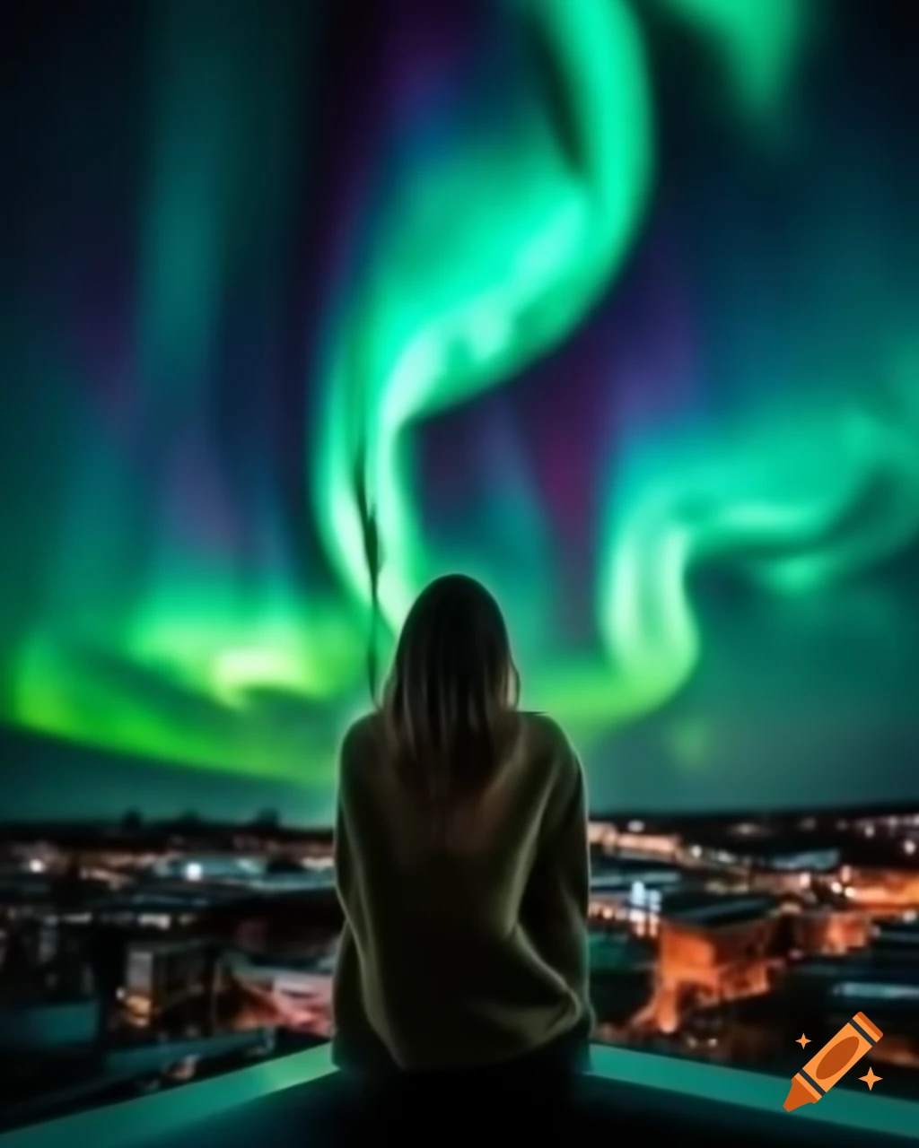 Woman on rooftop watching Northern Lights with dramatic blue and green glow