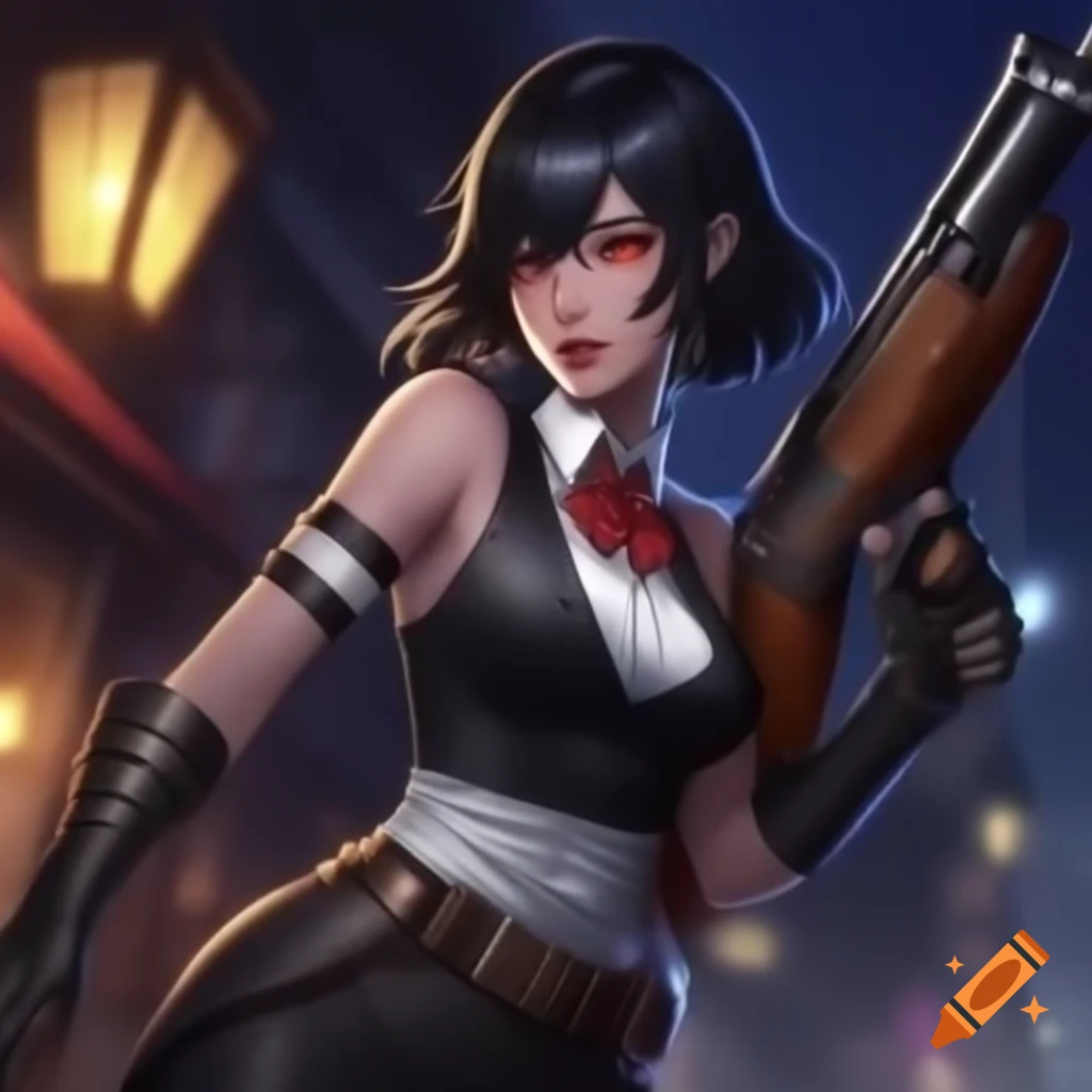 Game art style character: woman with long black hair in formal attire and red accents