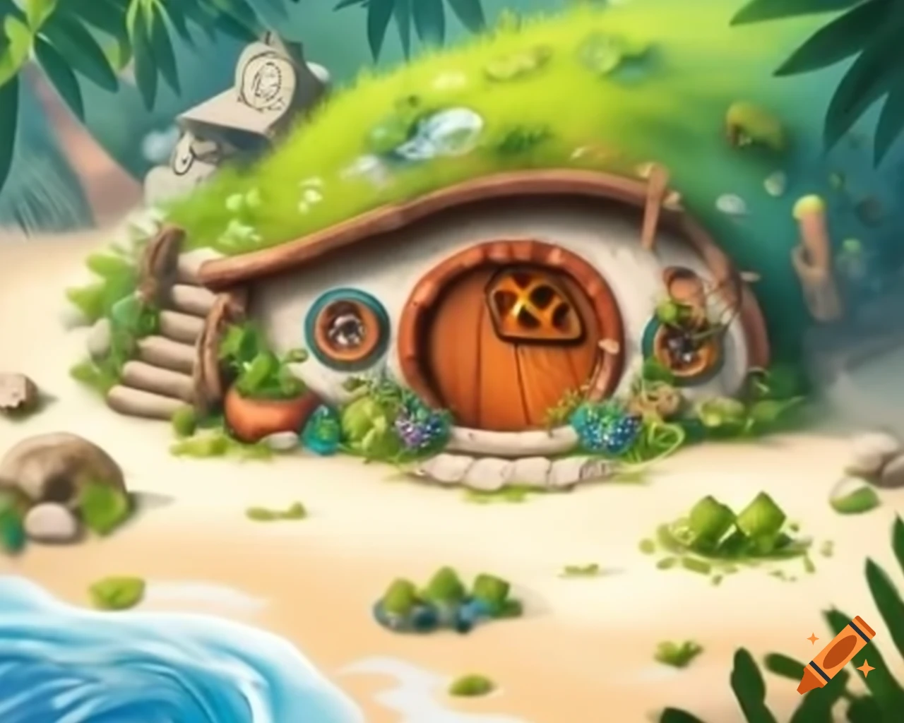 Cozy hobbit house with potted plants on beach with white sand and blue water