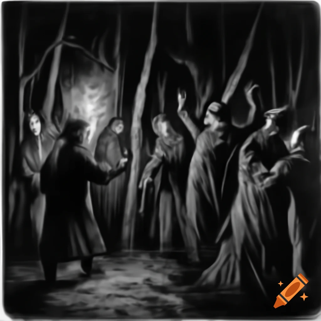 Eerie ink drawing of cultists illuminated by torchlight at night