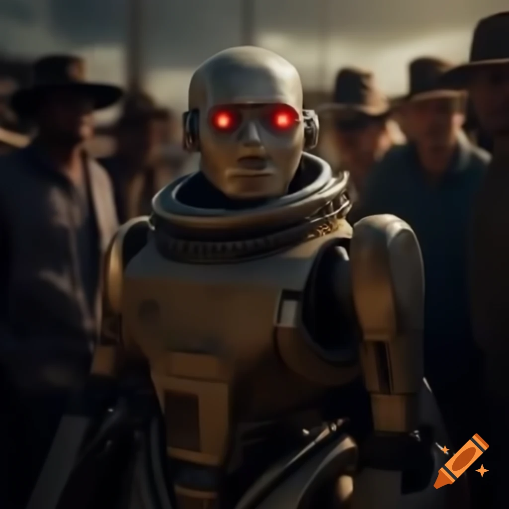 A.I. Digital Robot Dreamweaver interacting with heroes in a sci-fi narrative