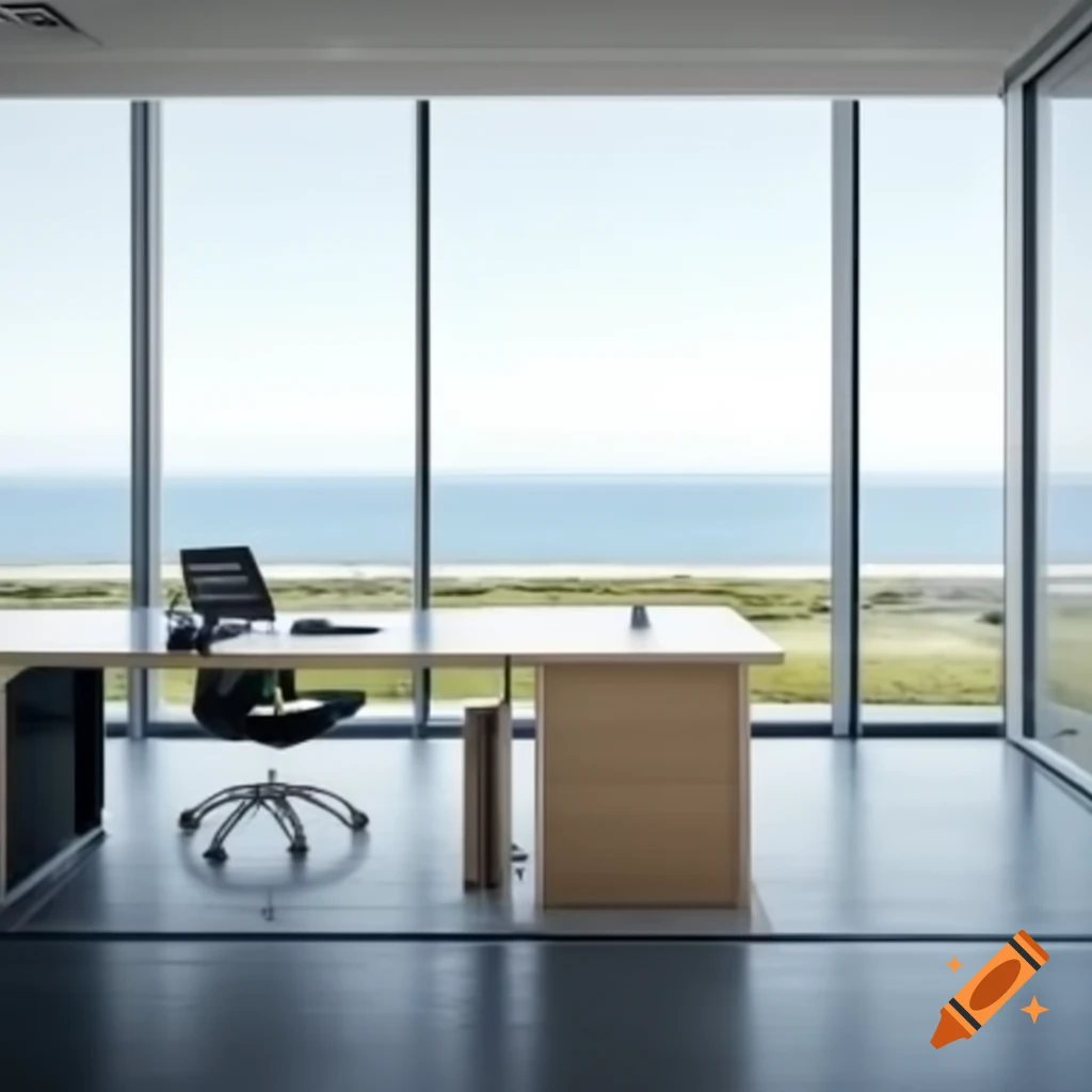 Modern office with beige background and ocean view