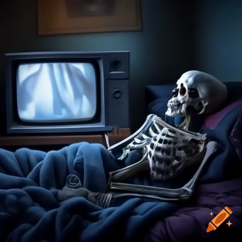 Skeleton wrapped in blanket watching television