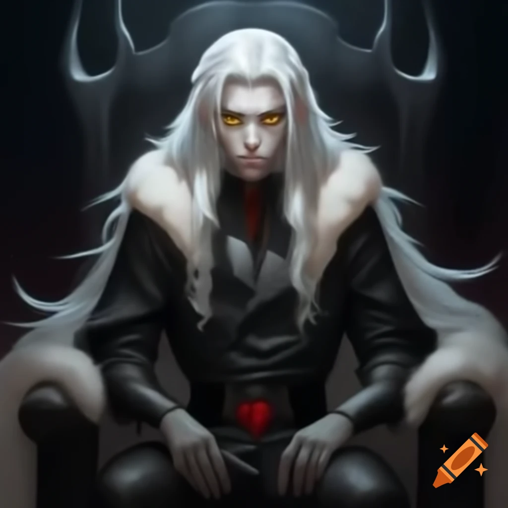 Young vampire prince with white hair in black robe on a throne