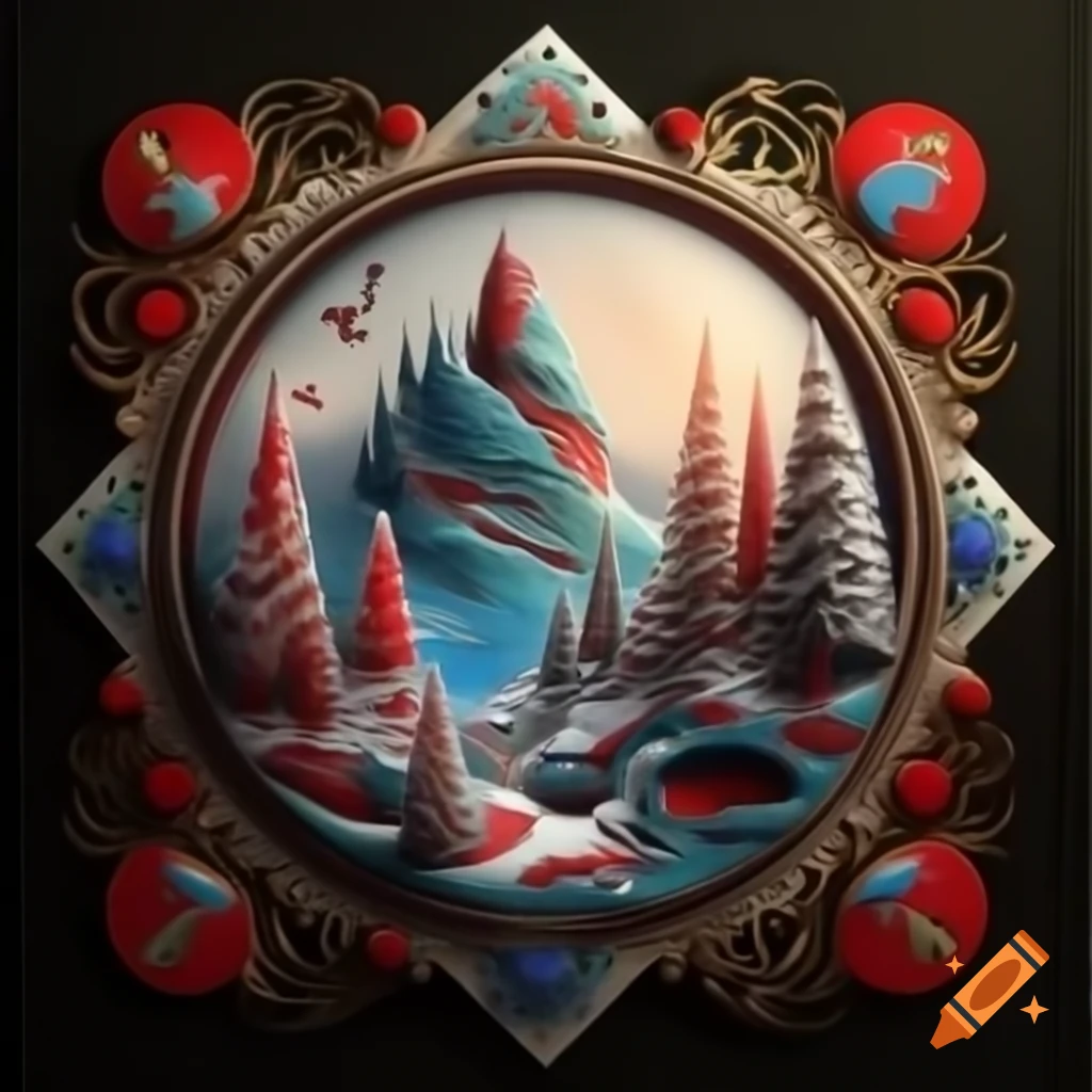 3D illustration of Christmas forest scene blending Native Salish and Russian fairy tale designs