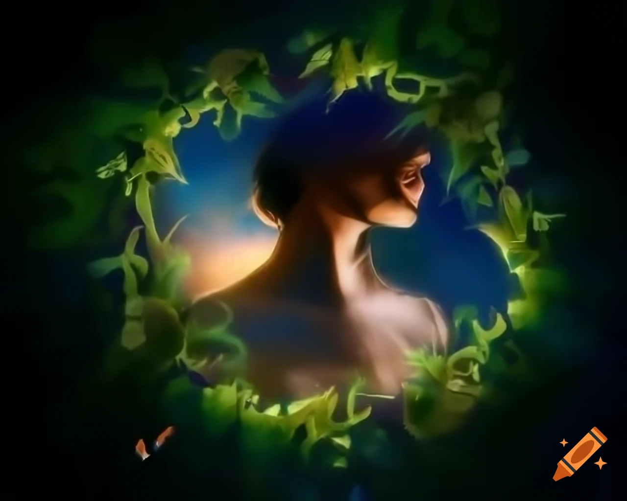 3D render of woman's face in forest with old growth trees, showcasing naturalism