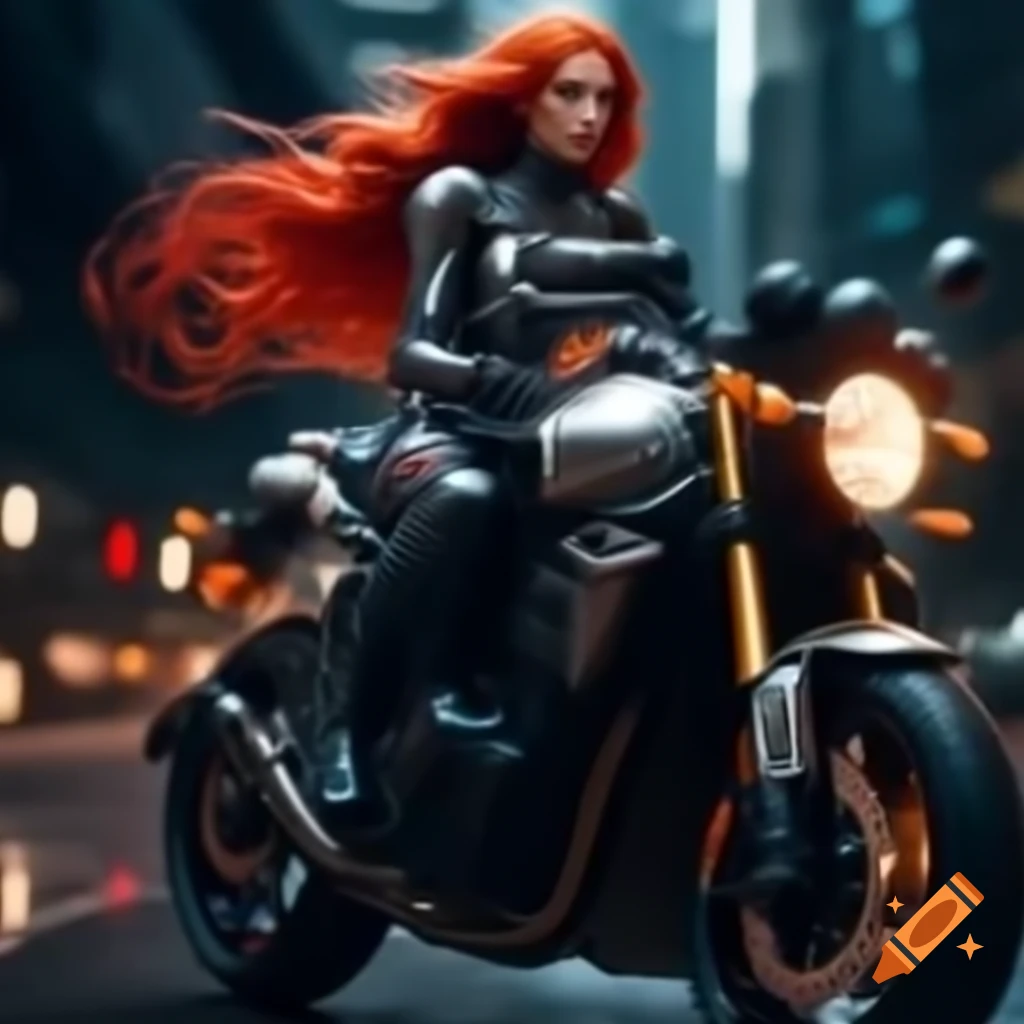 Cyber woman with red hair riding Suzuki motorcycle in dark city