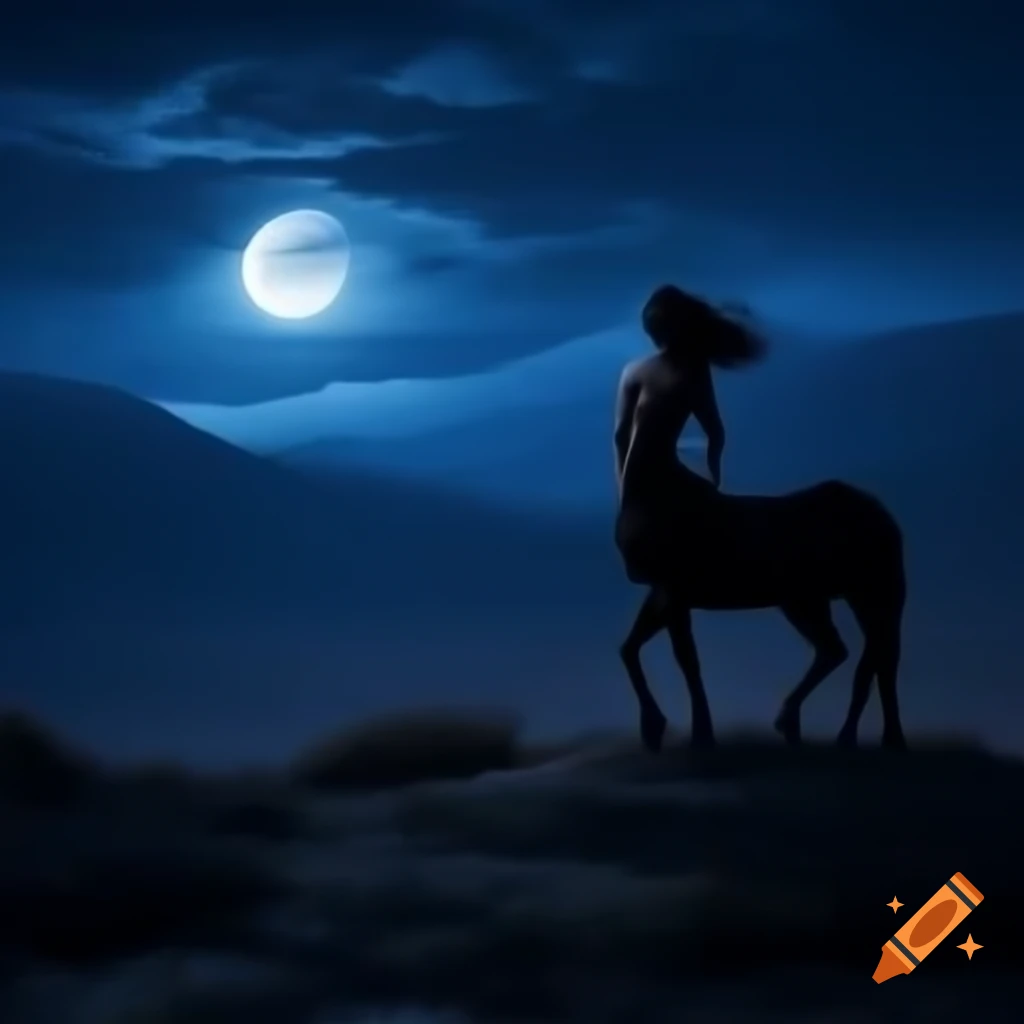 Dreamlike Landscape Featuring Female Centaur In Front Of The Moon On