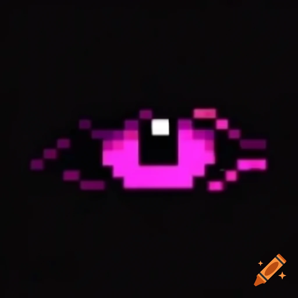 Pixelated digital eye in black and hot pink with a devilish design