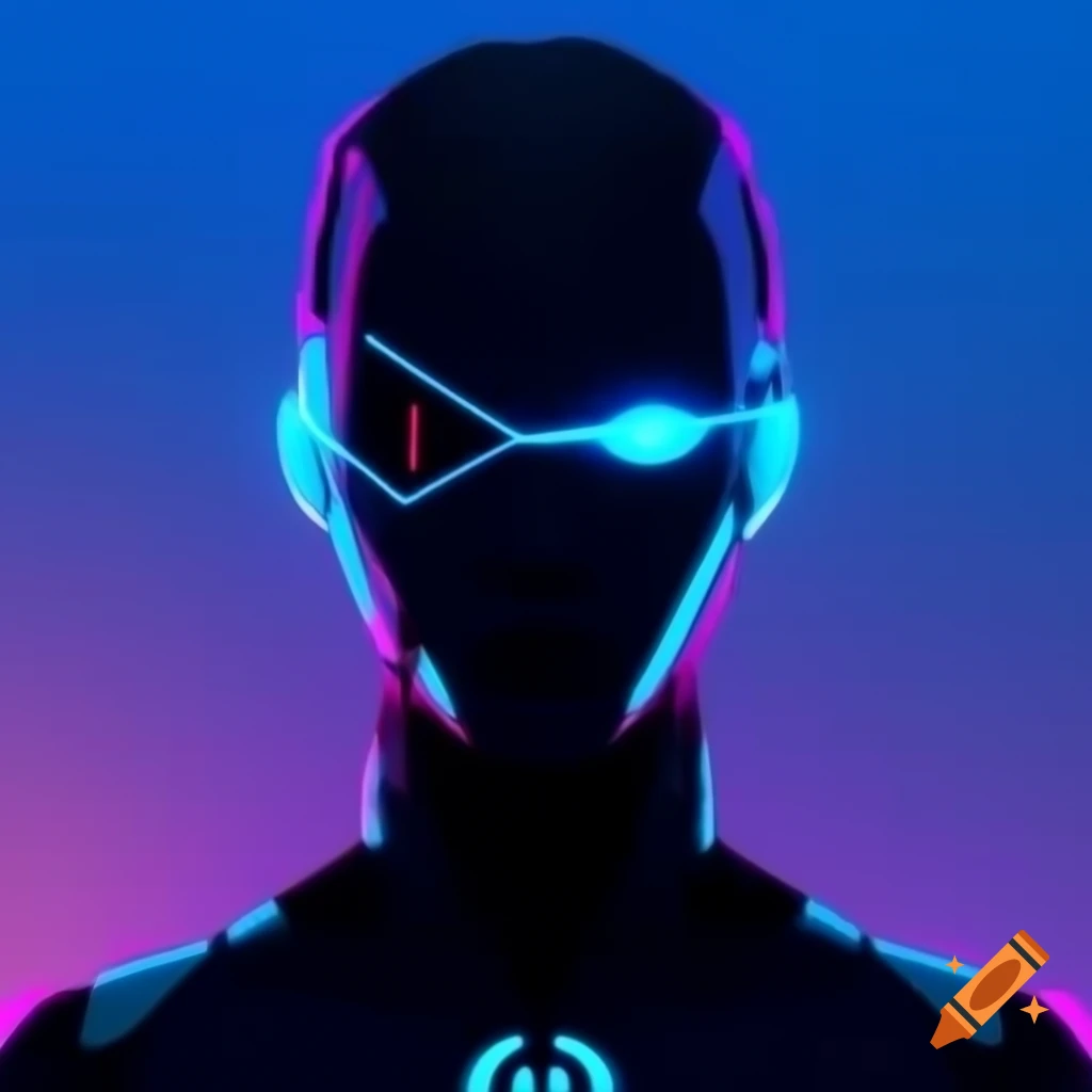 Cyberpunk character silhouette with glowing blue eyes and Ethereum logo against gradient background