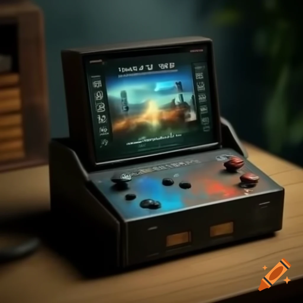 90's urban fantasy home game console fueled by magic energy with pocket dragon