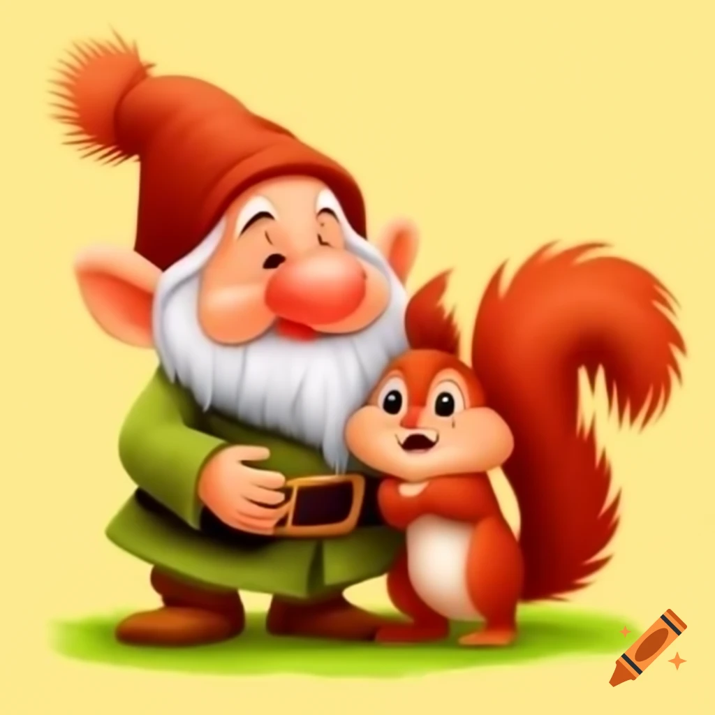 Cartoon dwarf cuddling with red squirrel