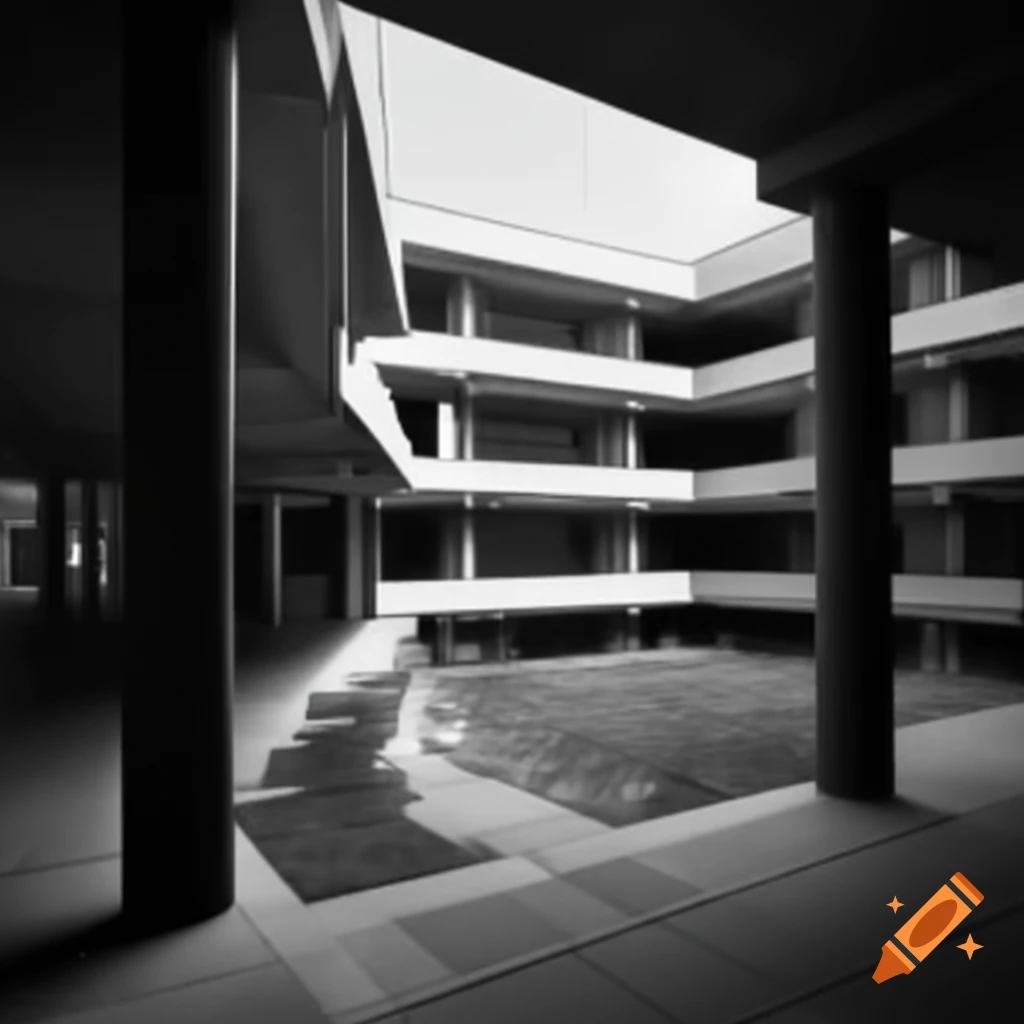 Monochrome Brutalist outdoor courtyard public space