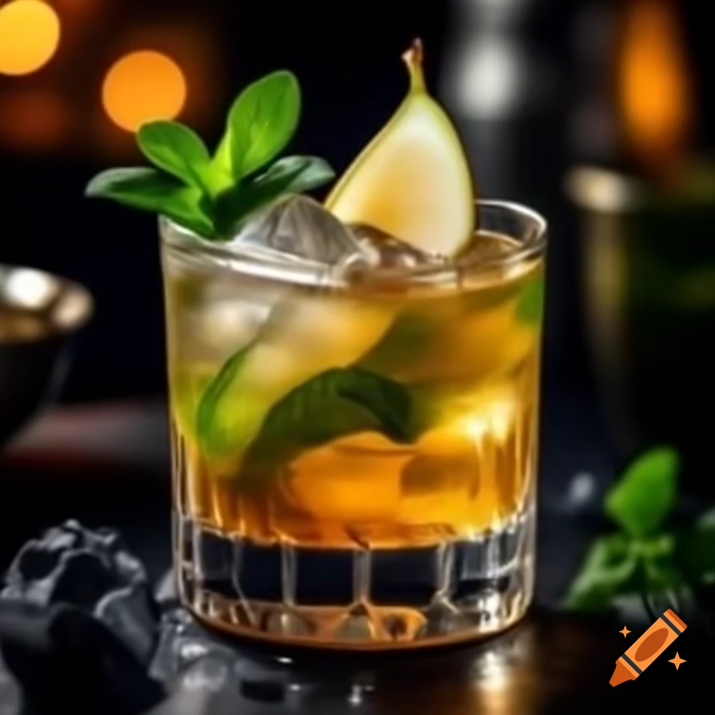 Refreshing cocktail with soju, Korean pear juice, and mint on black background