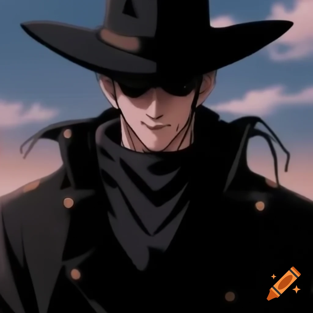 Anime character wearing black cowboy hat and trench coat with hands in pockets
