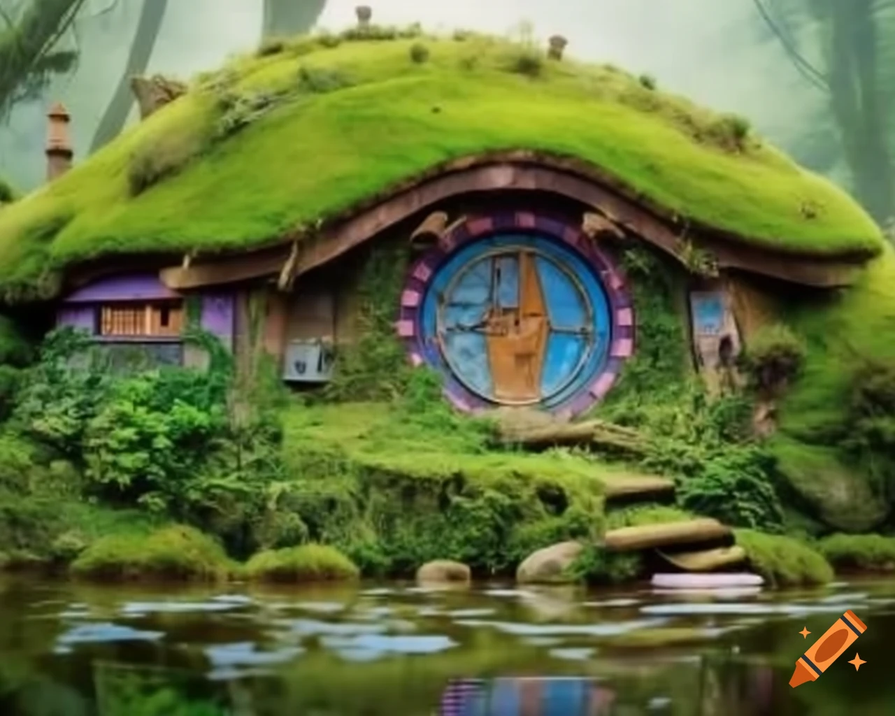 Mossy hobbit house with water puddles and surrounding mossy lake