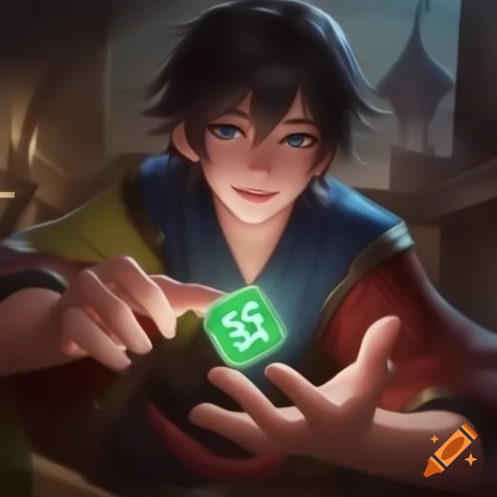 Young male character in fantasy clothing using dice, anime style