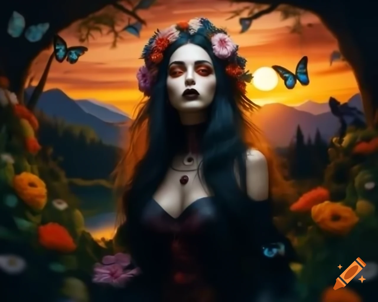 Hyperrealistic Gothic woman with flowers and butterflies in her hair and detailed makeup