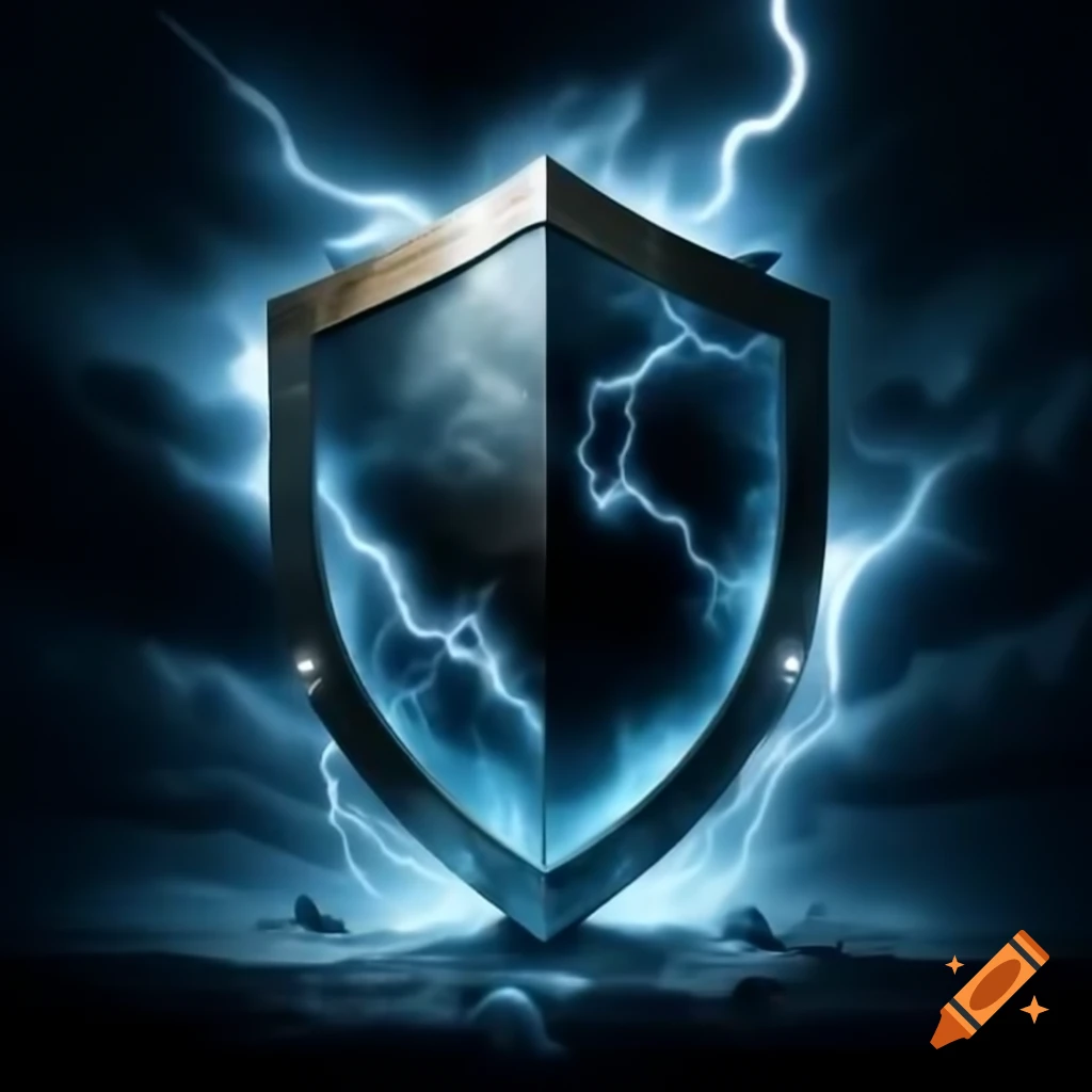 Shield illuminated by lightning in stormy weather