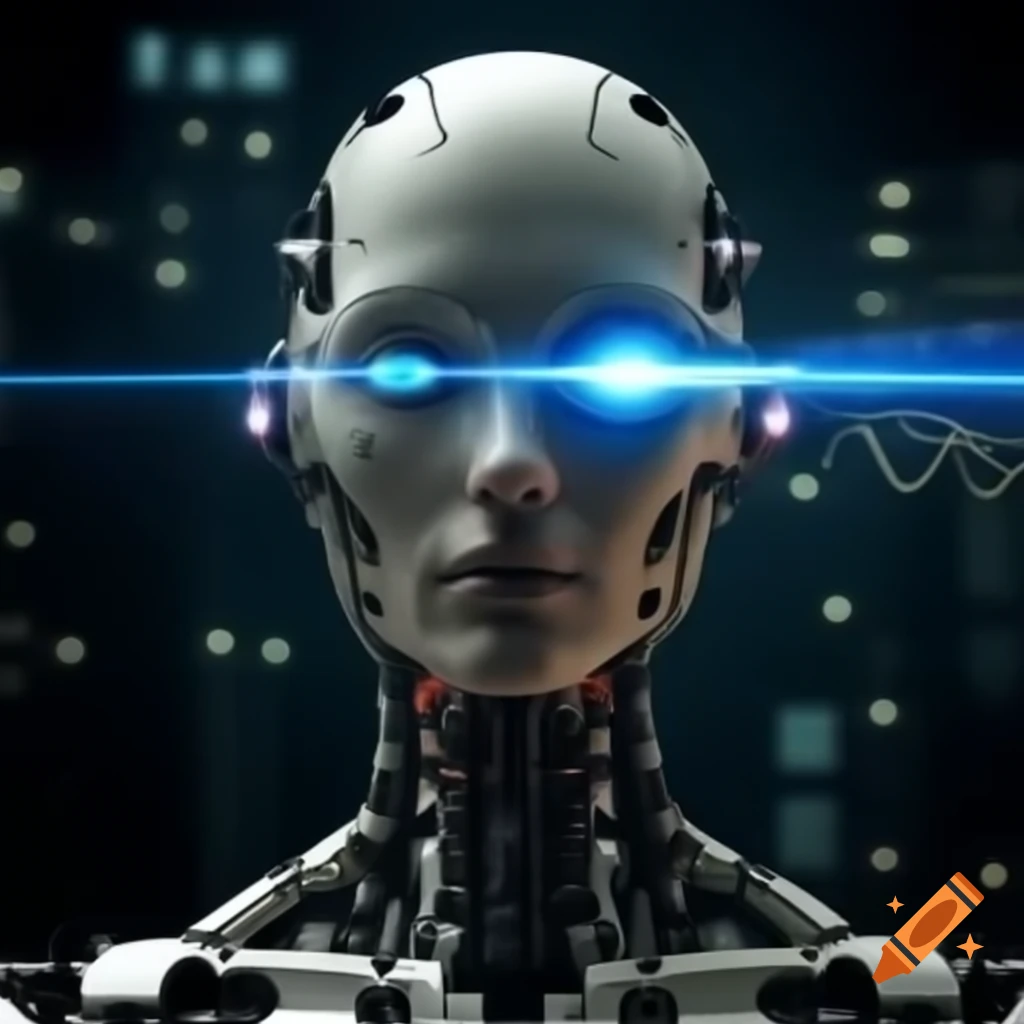 Futuristic robot with laser eyes facing forward