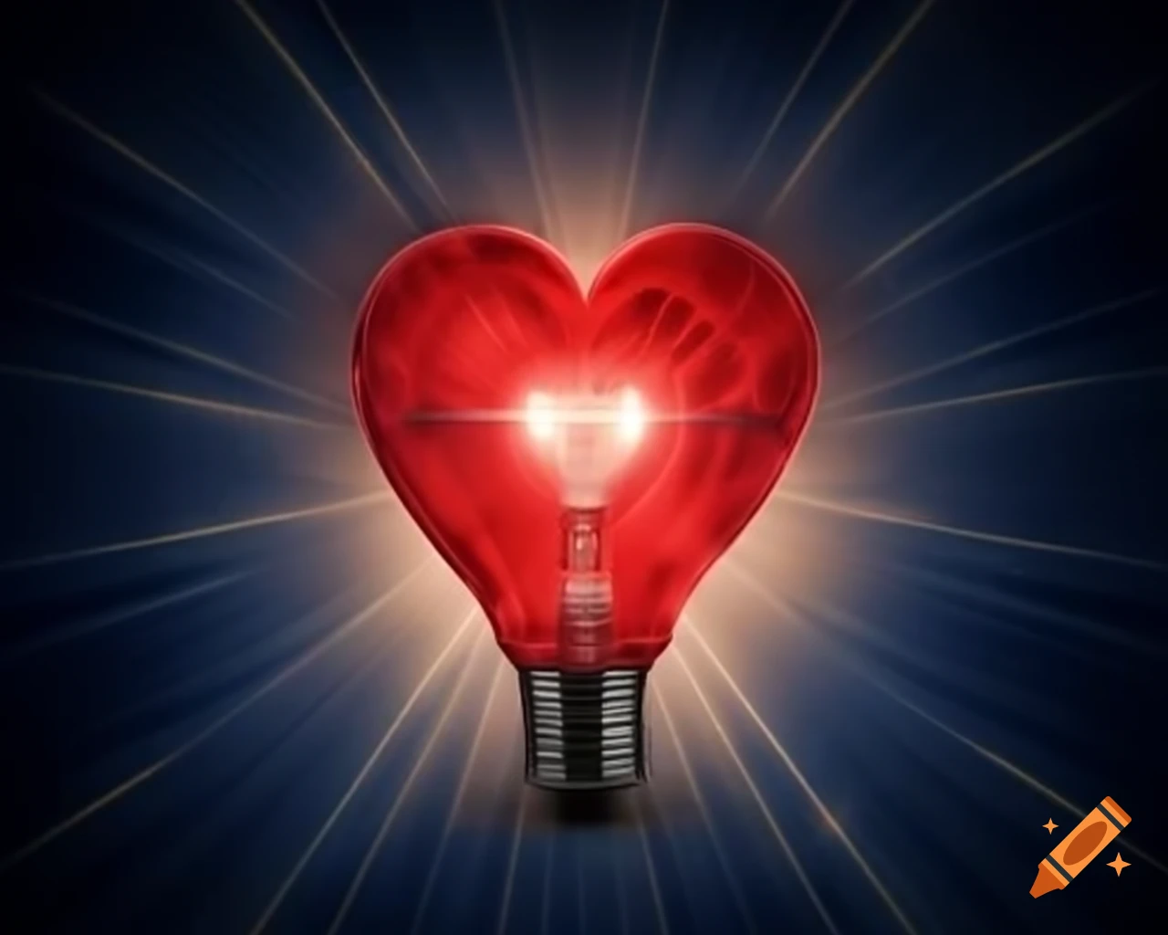 Red glowing metal heart inside light bulb with blue and golden lightning background