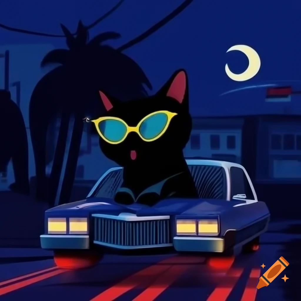 Cartoon art of black cat wearing sunglasses driving a Cadillac at night