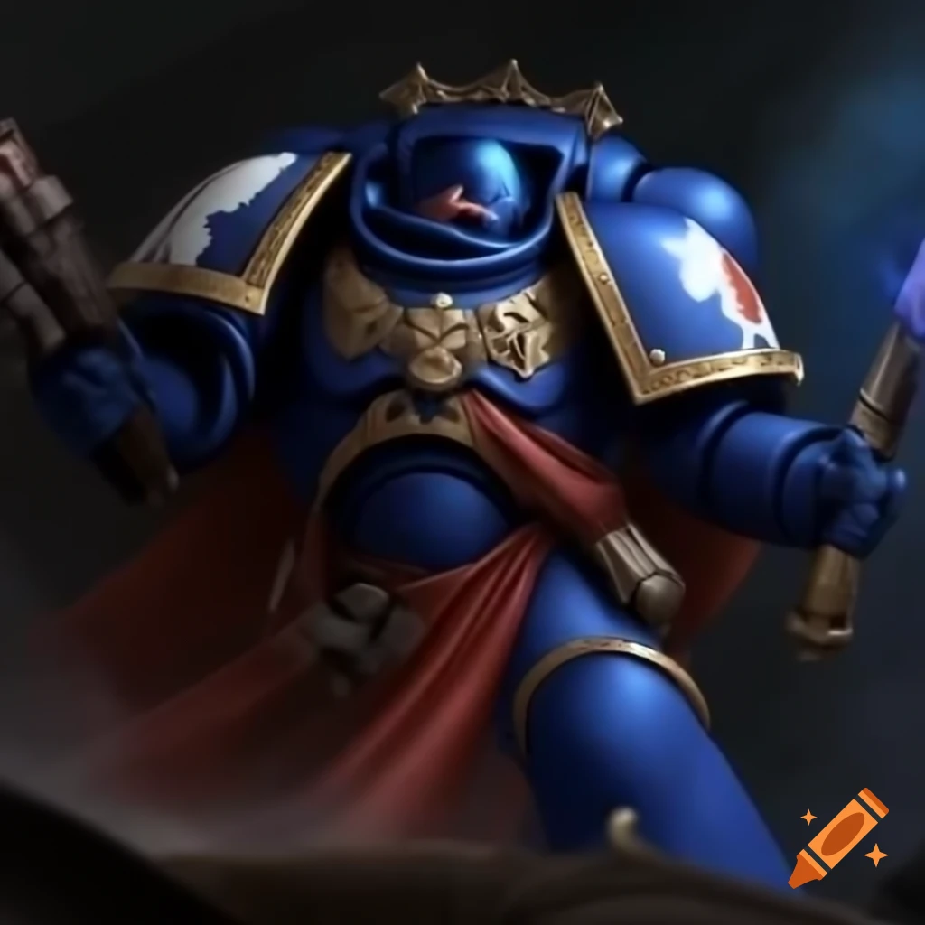 Ultramarine from Warhammer 40k charging a steampunk computer