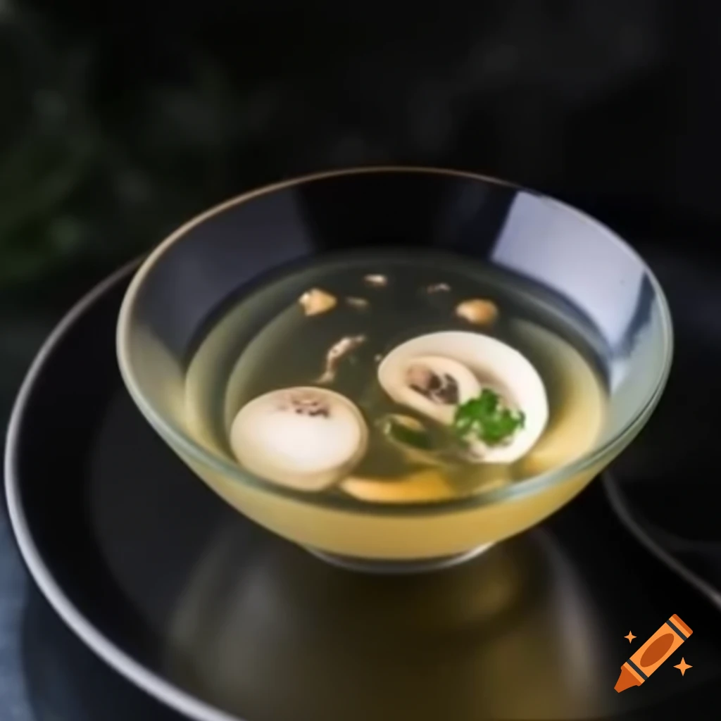 Delicate soup made from lotus roots and herbs, garnished with gold leaf and mushrooms