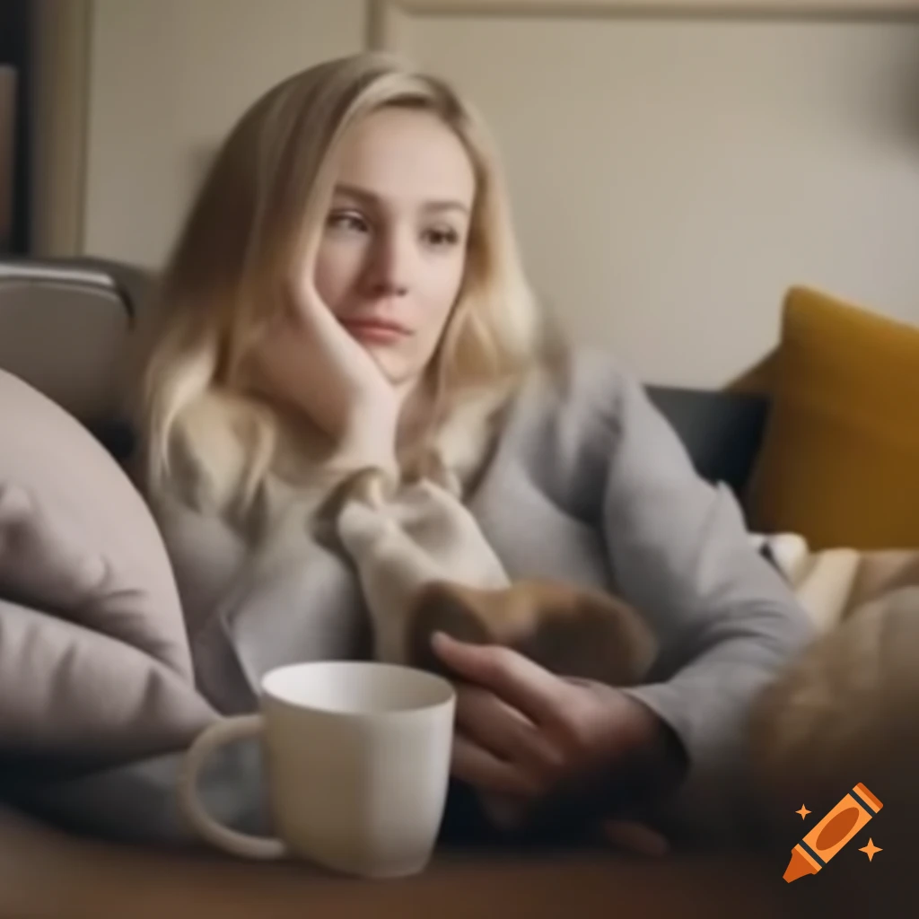 Blonde woman with white Cornish Rex cat relaxing on sofa with coffee while watching 'Slow Horses' on TV