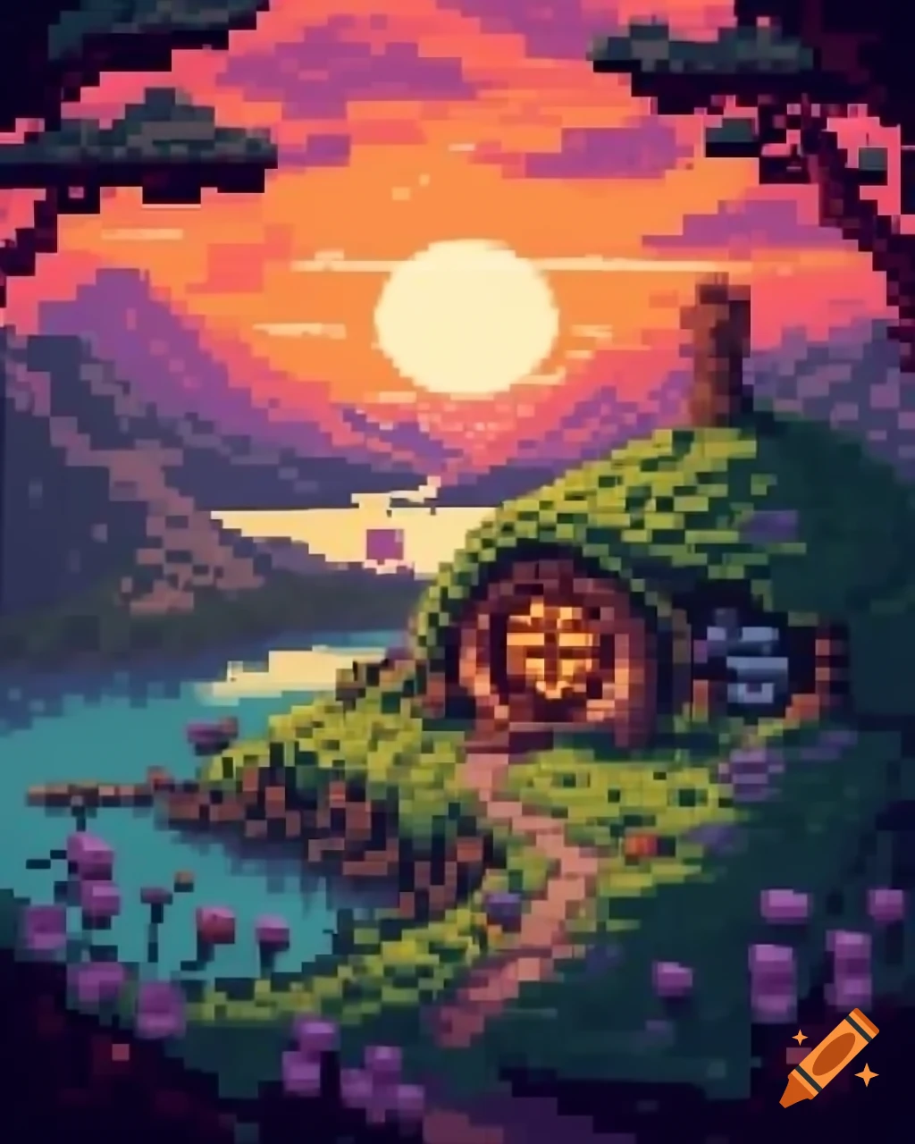 Pixel art of a hobbit house by a lake with sunset lighting and lush vegetation