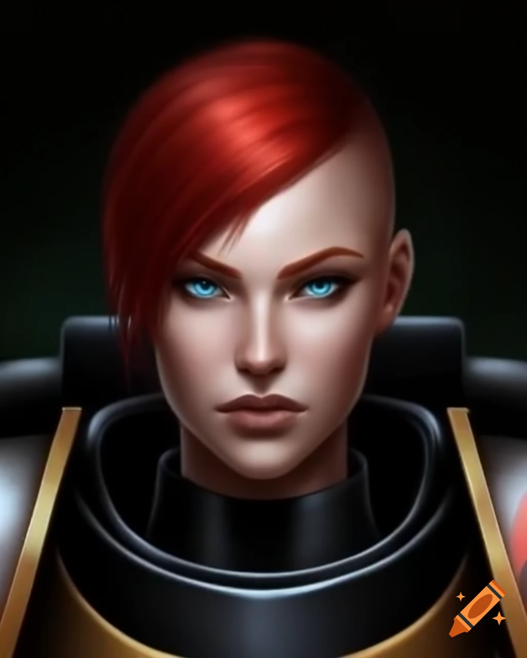 Female space marine from Thousand Sons Legion with short red hair and blue eyes
