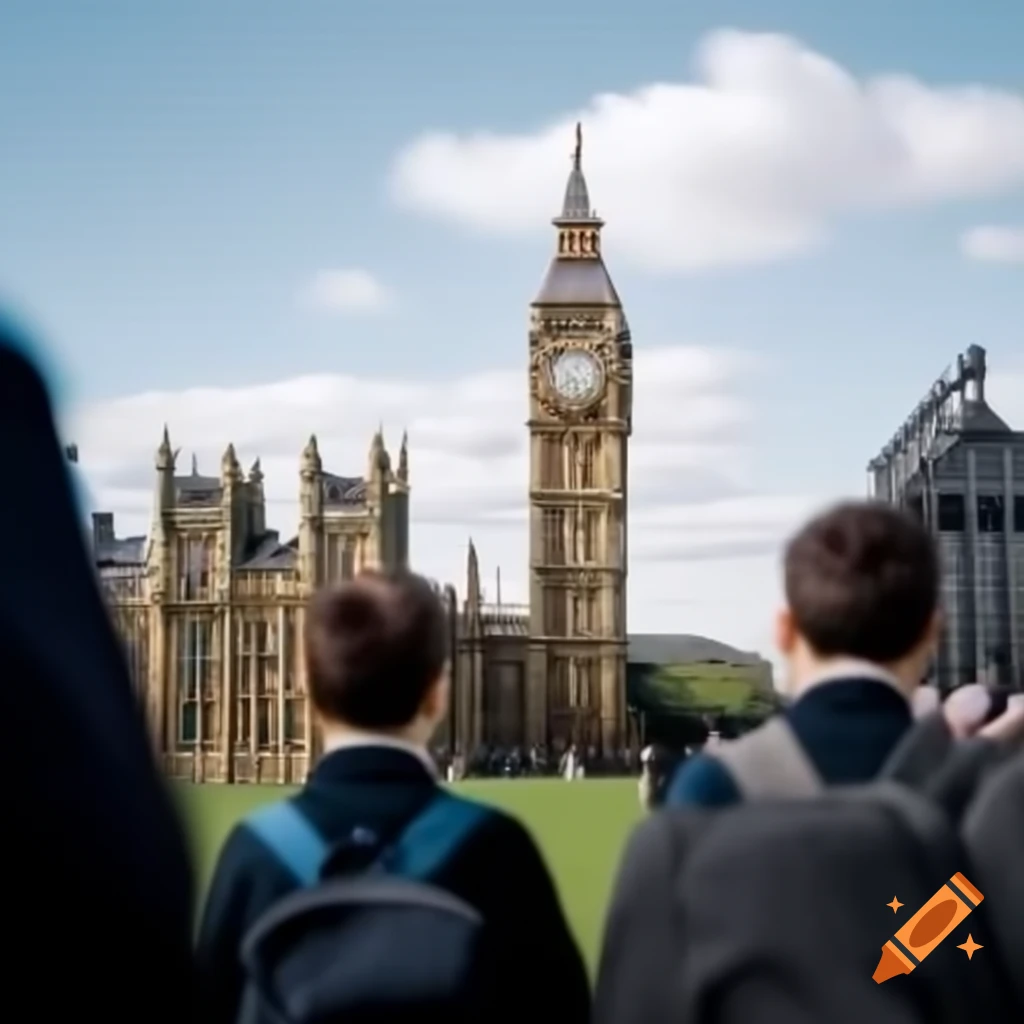 Front view of Big Ben with students in the foreground