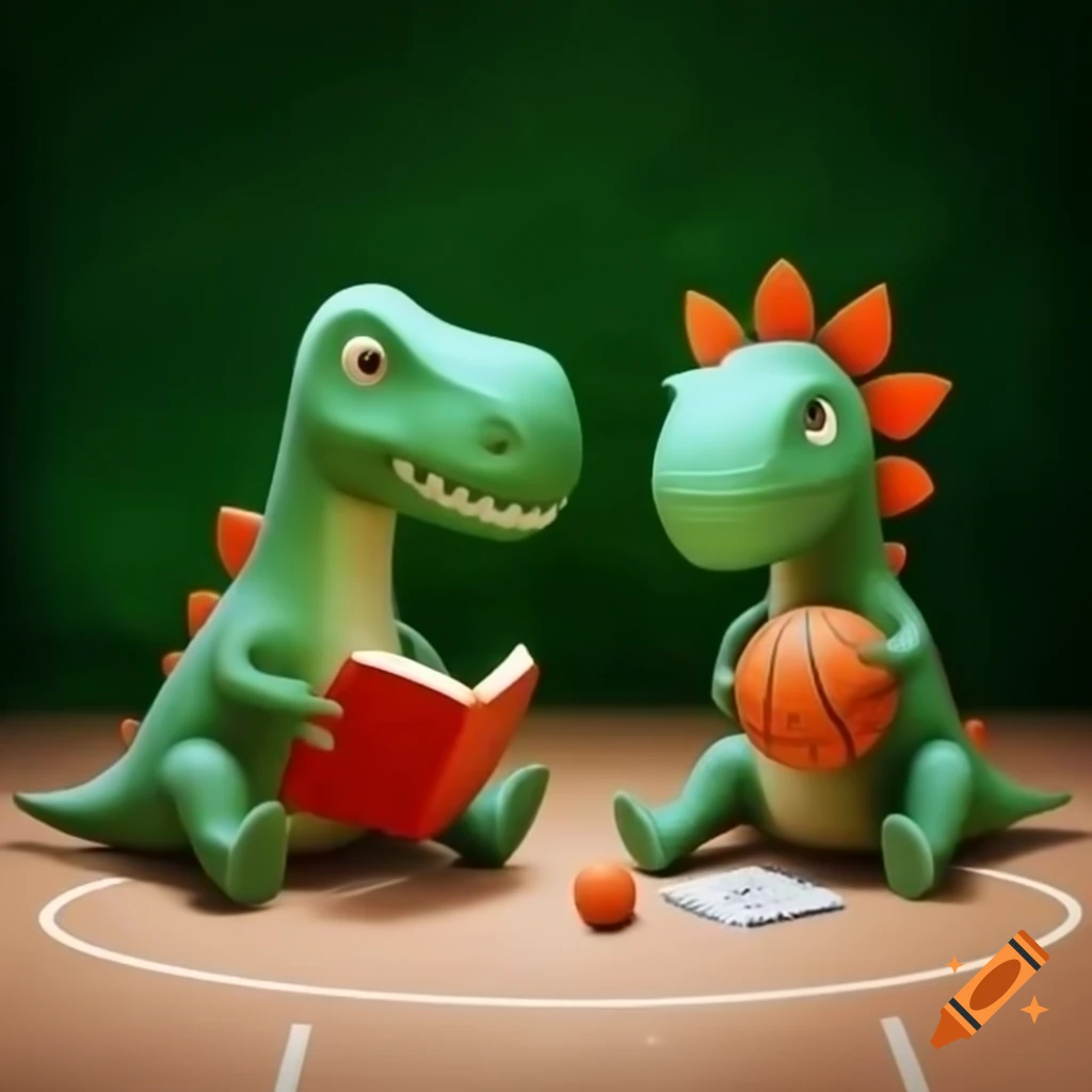 2D dinosaurs enjoying basketball and reading