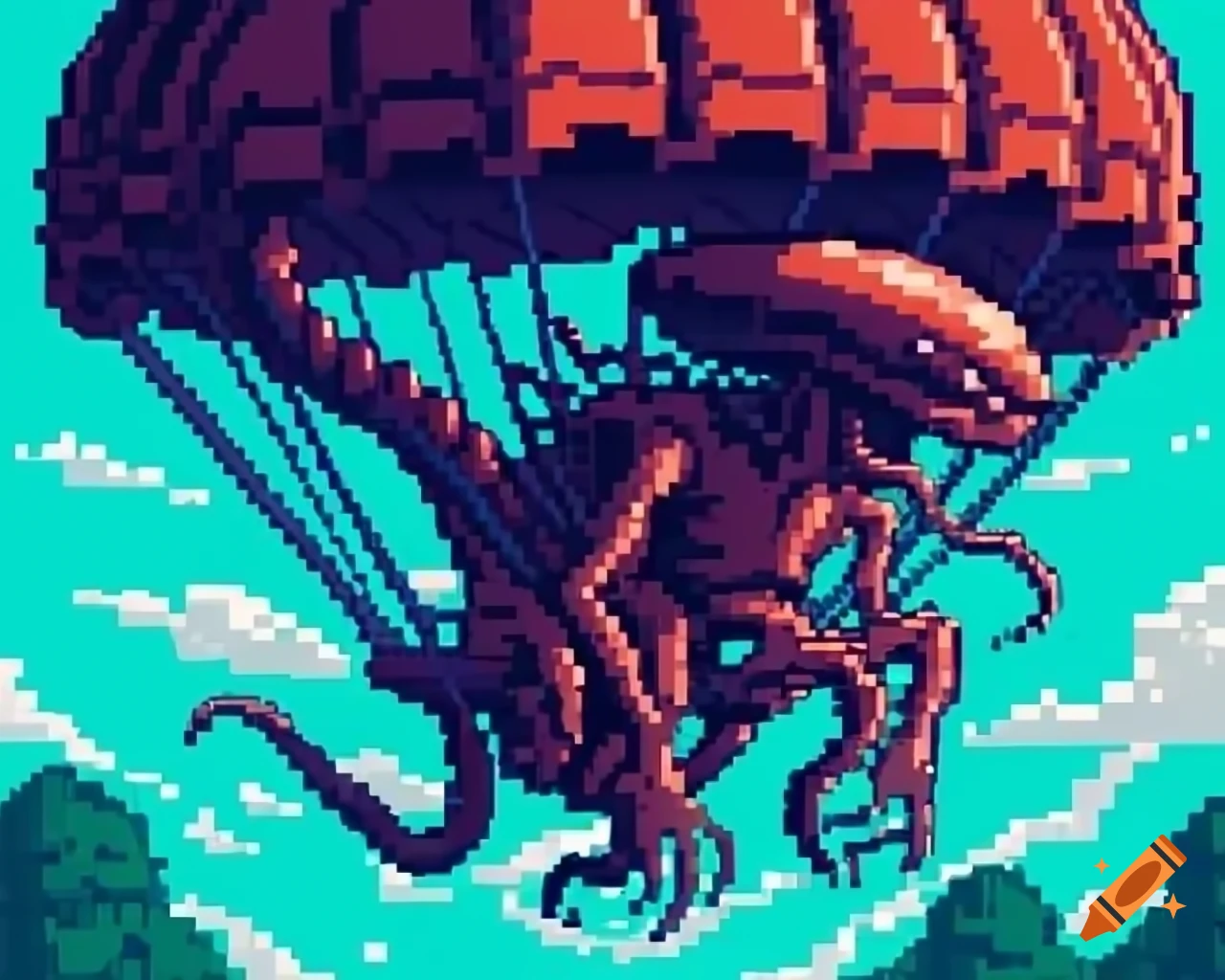 Xenomorph on parachute in 128 bits pixel art style