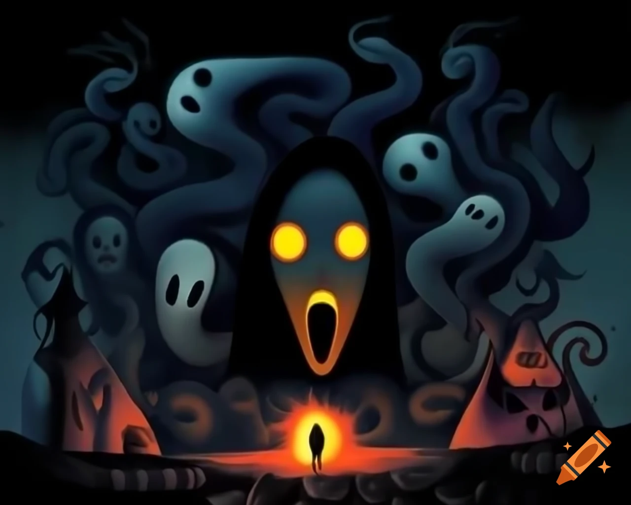 Surreal scene with ghostly face and fiery light
