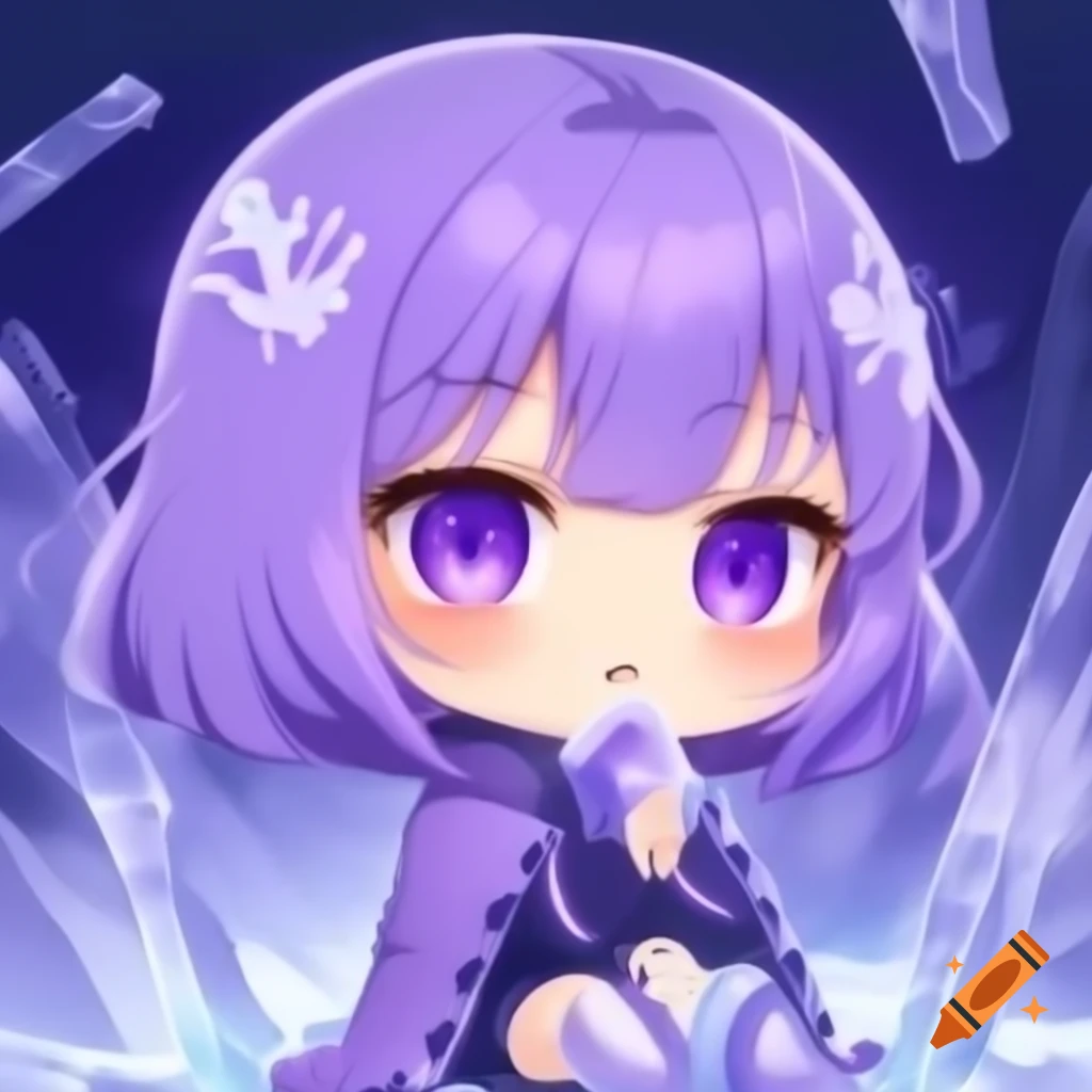 Chibi character with lavender hair and purple eyes in anime style