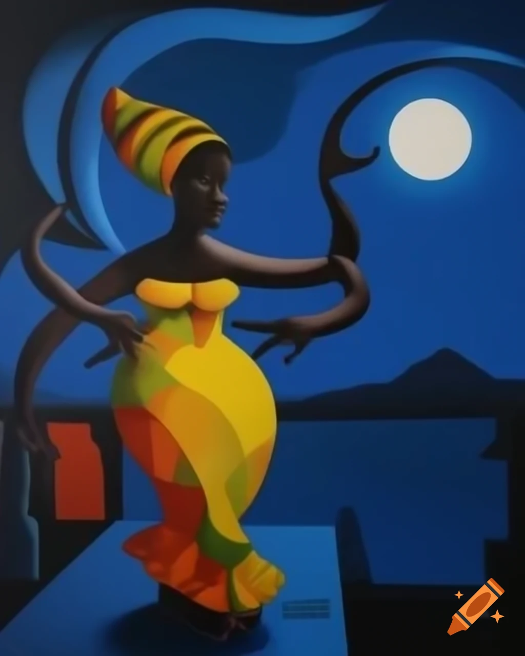 African lady dancing at moonlight in Picasso style
