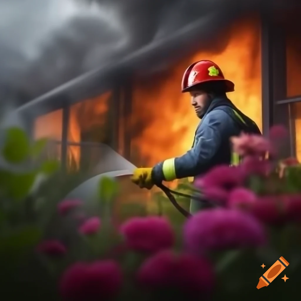 Irresponsible firefighter watering flowers while a building burns