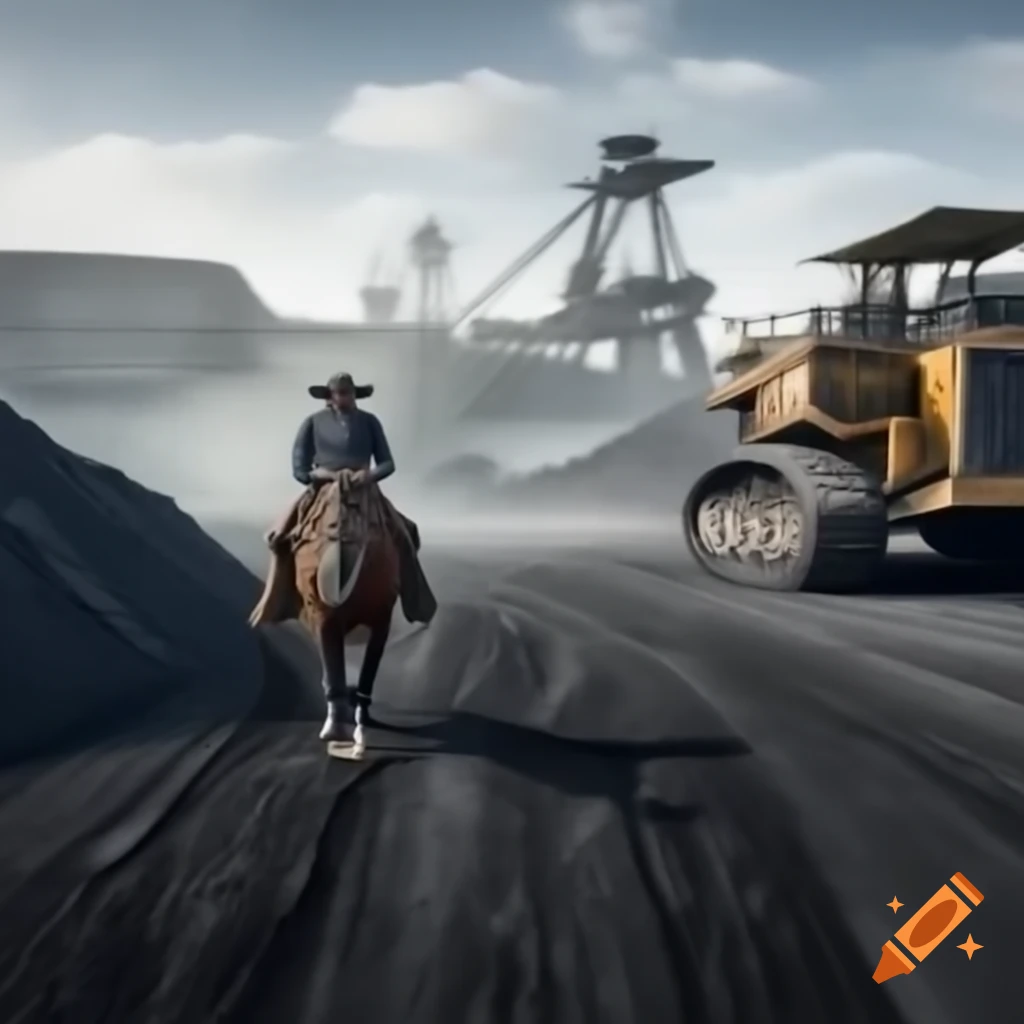 Cowboy riding horse in lignite mining landscape with excavators