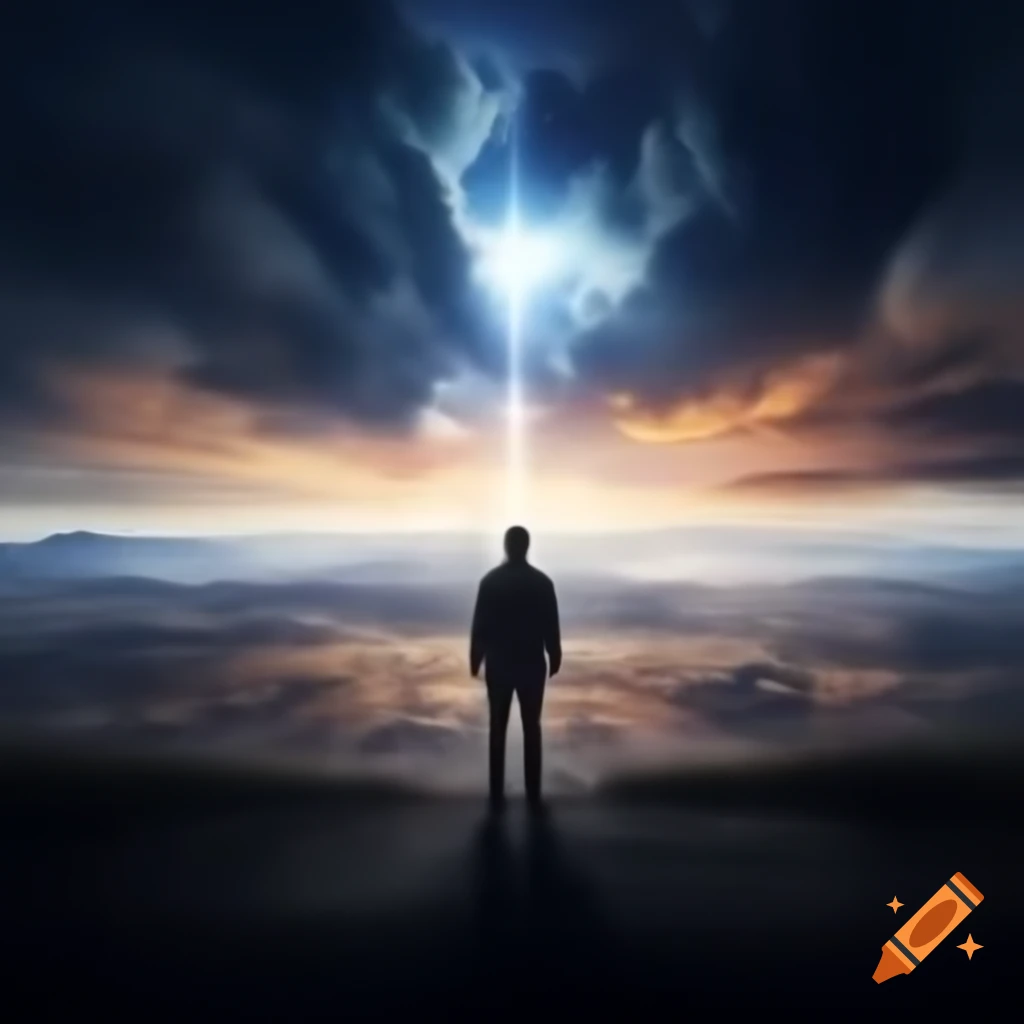 Person in vast landscape with distant stare, colorful horizon in background