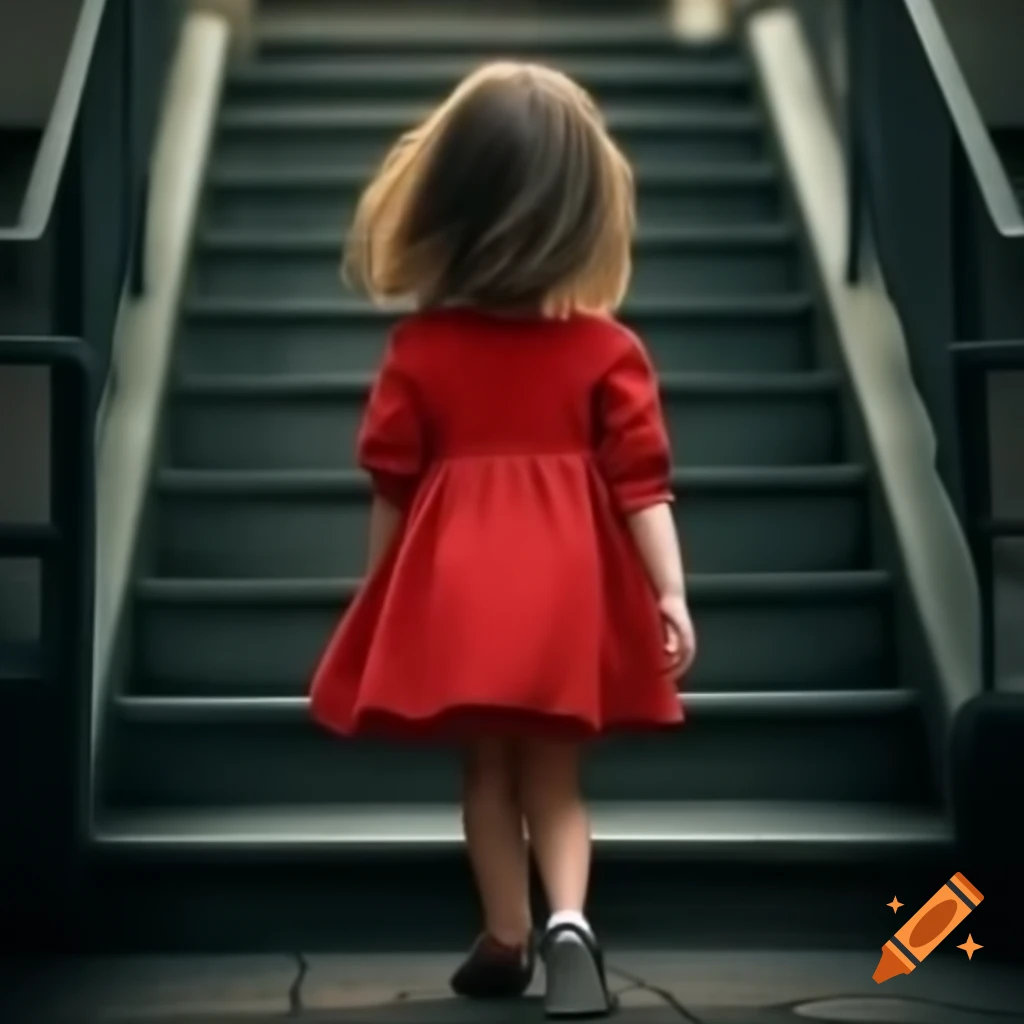 Girl in red dress walking up the stairs