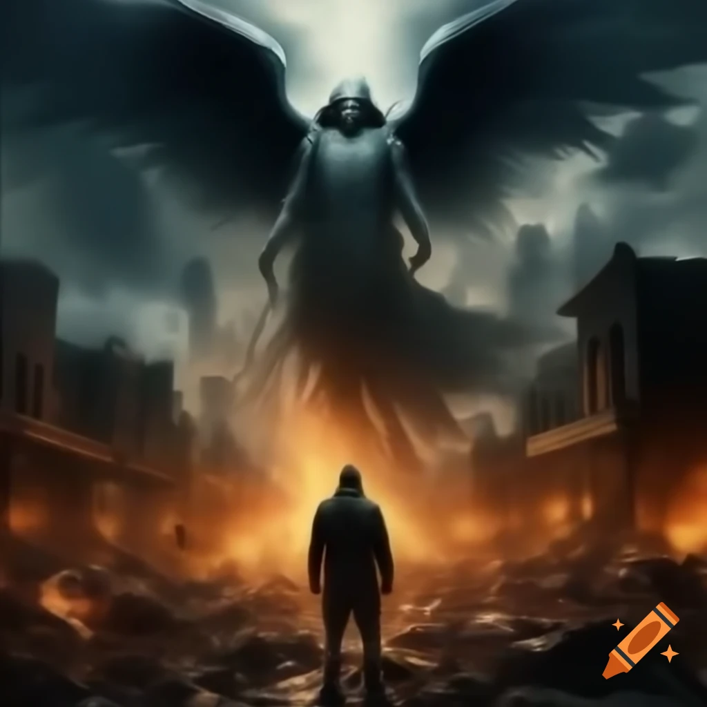Winged figure watching over chaotic city scene