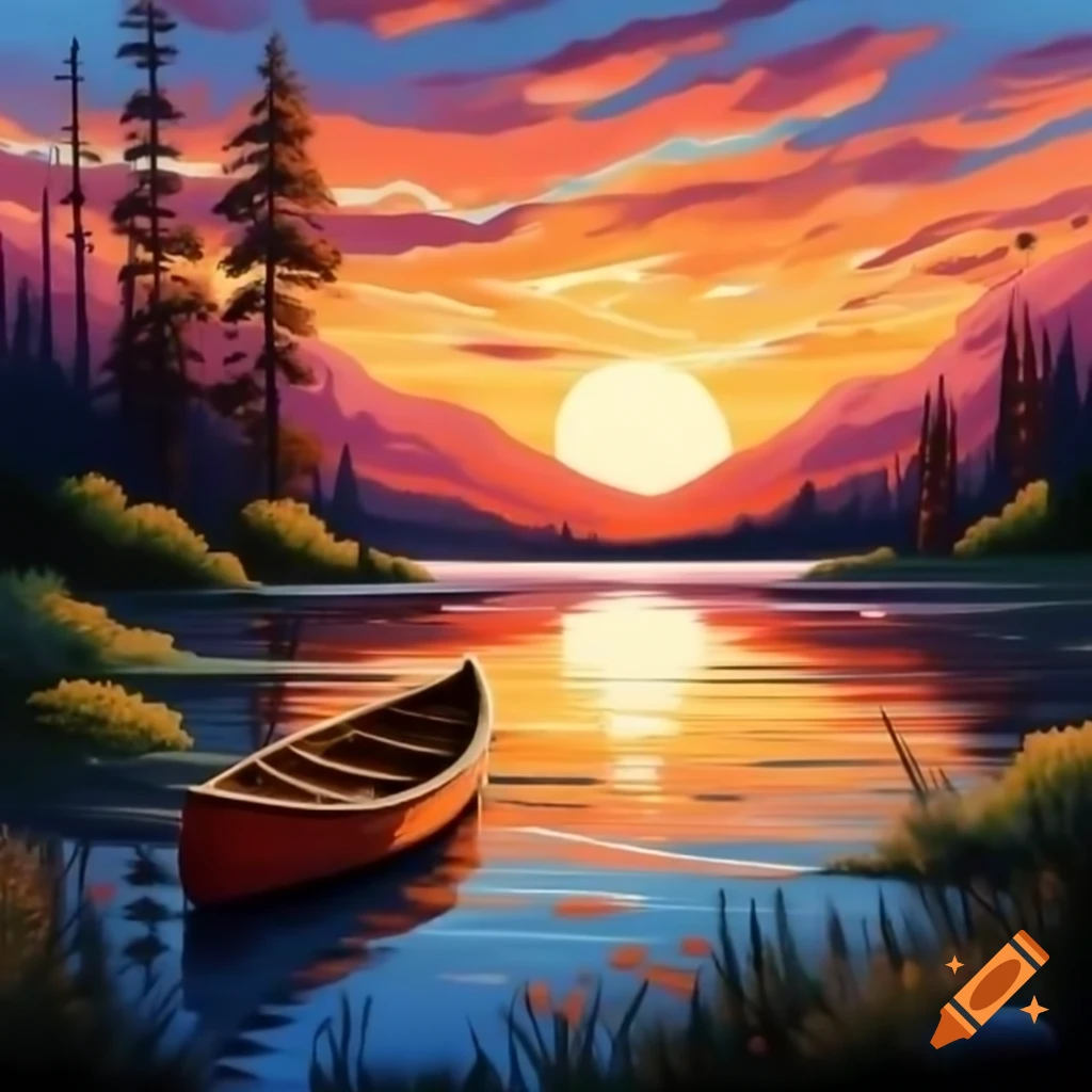 Sunset over lake with dinosaur in canoe