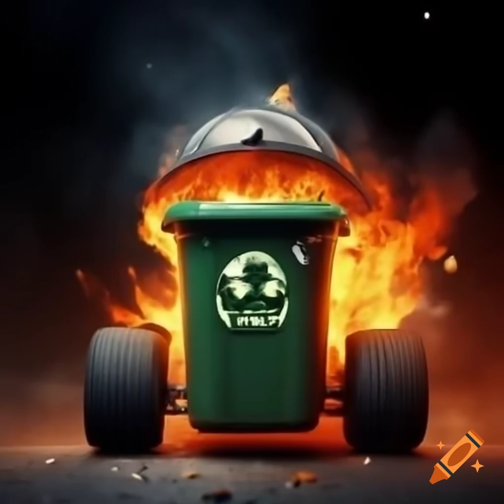 Racecar designed as a garbage bin engulfed in flames