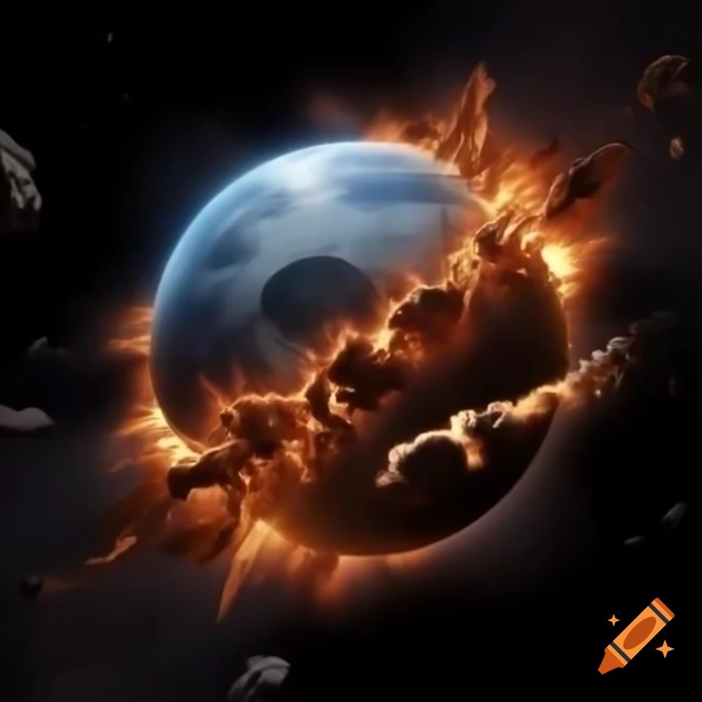 Exploding planet in outer space with bear-shaped chunks